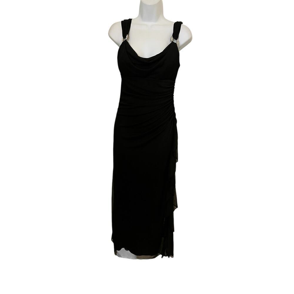 Vintage Betsy & Adam Made in USA Black Chiffon 4” Straps Party Faux Wrap Gown 6P
